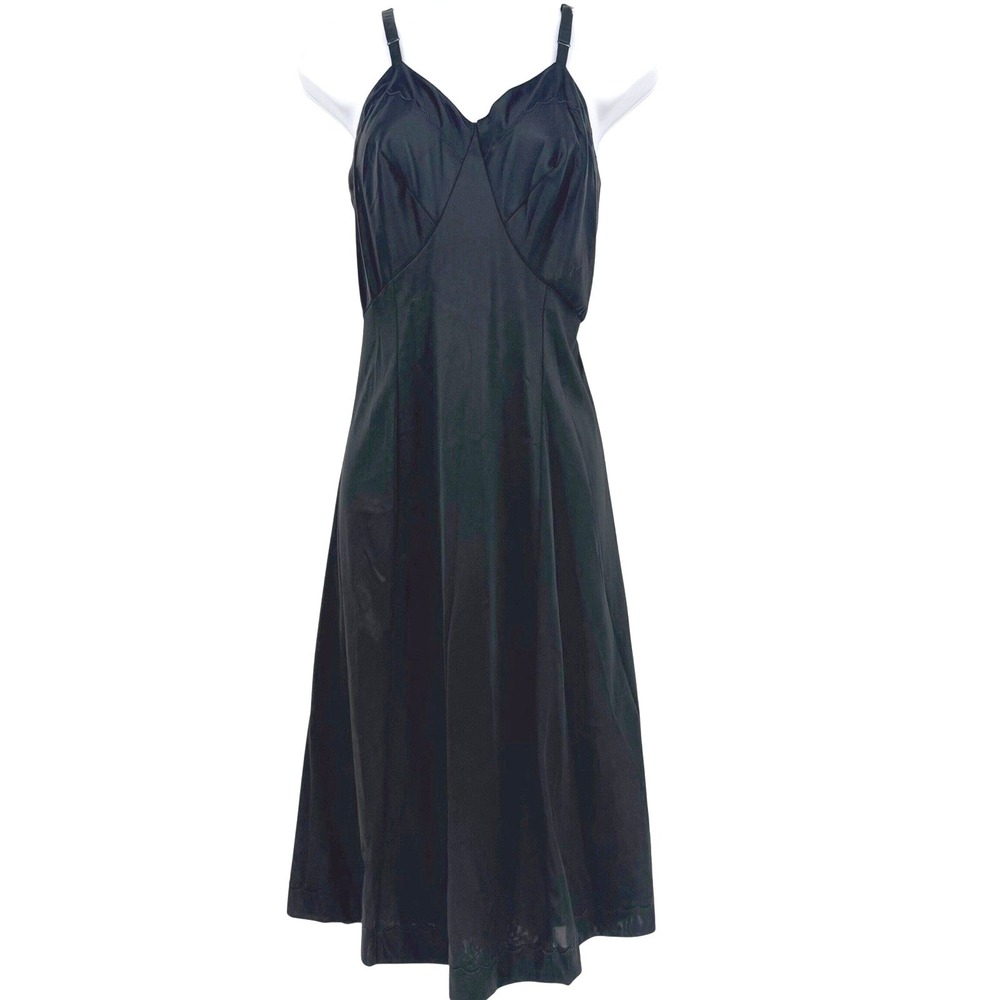 Vintage Charmode Sears Black Full Slip Dress Scalloped‎ Trim Boudoir Lingerie 36